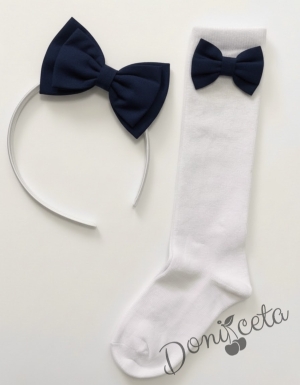 Комплект ръчно изработена диадема и чорапки с панделки в тъмносин цвят