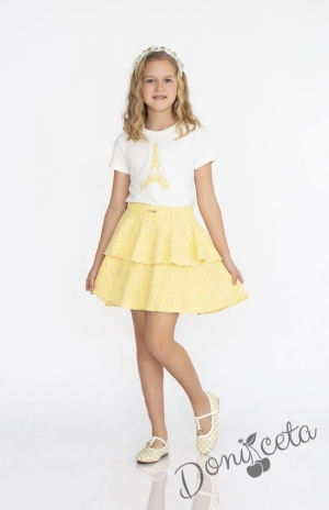 Комплект за момиче от 3 части-пола,тениска с къс ръкав и сако с дълъг ръкав в жълто