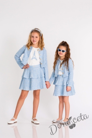 Комплект за момиче от 3 части-пола,тениска с къс ръкав и сако с дълъг ръкав в синьо