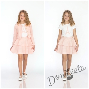 Комплект за момиче от 3 части-пола,тениска с къс ръкав и сако с дълъг ръкав в розово