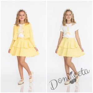 Комплект за момиче от 3 части-пола,тениска с къс ръкав и сако с дълъг ръкав в жълто