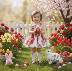 Детска или бебешка  рокля в бяло с цветя в червено клош Вилина