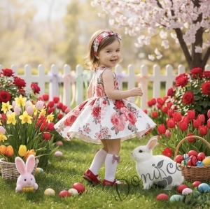 Детска или бебешка  рокля в бяло с цветя в червено клош Вилина