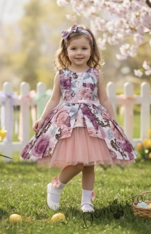 Официална детска памучна рокля на цветя Надежда с тюл в пепел от рози