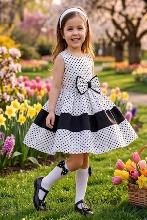 Детска рокля без ръкав в бяло на черни точки с лента в бяло Далента