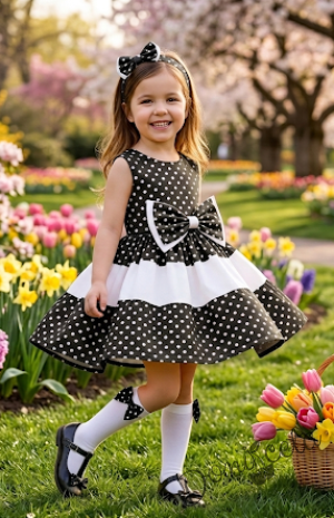 Детска  памучна официална рокля в черно на бели точки с тюл отдолу Далента
