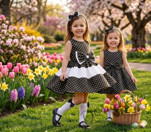 Детска  памучна официална рокля в черно на бели точки с тюл отдолу Далента