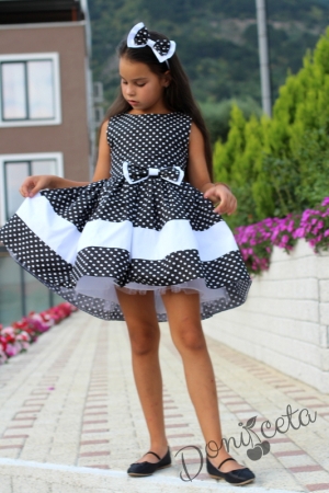 Детска  памучна официална рокля в черно на бели точки с тюл отдолу Далента
