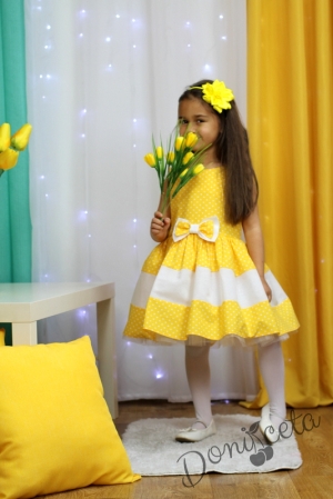 Официална памучна детска рокля в жълто на бели точки с тюл Далента