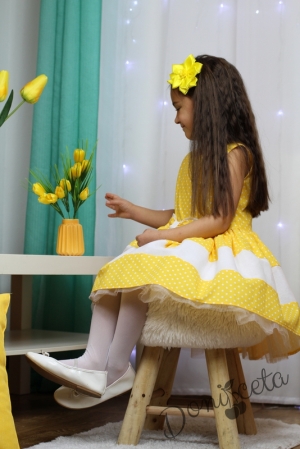 Официална памучна детска рокля в жълто на бели точки с тюл Далента