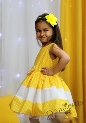 Официална памучна детска рокля в жълто на бели точки с тюл Далента