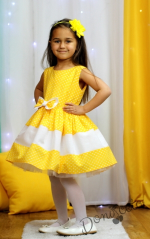 Официална памучна детска рокля в жълто на бели точки с тюл Далента