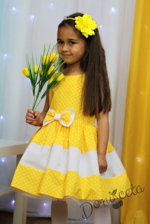 Официална памучна детска рокля в жълто на бели точки с тюл Далента