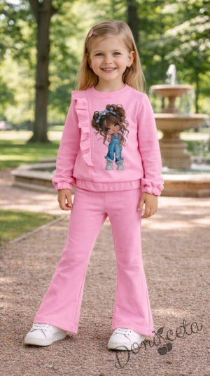 Спортен комплект за момиче от горнище и долнище в розово къдричка