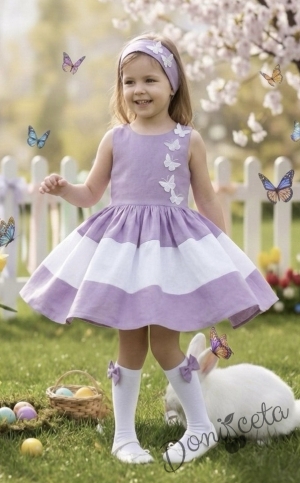 Официална детска рокля в лилаво и бяло с 3D пеперуди Далента
