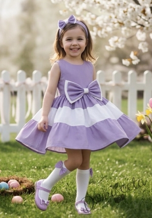 Детска официална  памучна рокля в лилаво с панделка Далента