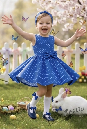 Ежедневна или официална детска рокля клош в синьо на бели точки Вилина
