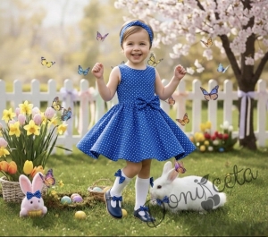 Ежедневна или официална детска рокля клош в синьо на бели точки Вилина