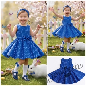 Ежедневна или официална детска рокля клош в синьо на бели точки Вилина