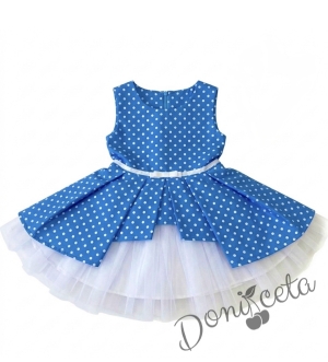 Детска рокля памучна рокля Надежда в синьо на точки с тюл в бяло