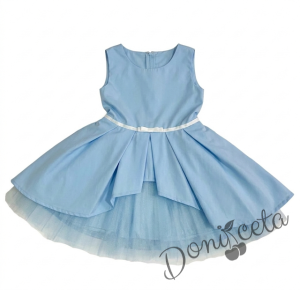 Детска памучна рокля  Надежда в светлосиньо с тюл и диадема за коса в светлосиньо