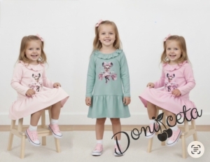 Детска рокля с дълъг ръкав с къдрички на бието в светлорозово с любим герой