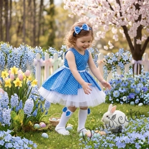 Детска рокля памучна рокля Надежда в синьо на точки с тюл в бяло