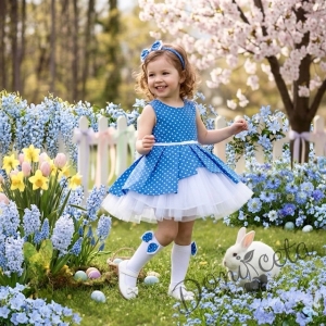 Комплект от 3 части- детска памучна рокля Надежда в синьо с тюл, диадема за коса в синьо на точки и чорапки в бяло с панделки