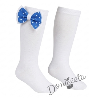 Комплект от 3 части- детска памучна рокля Надежда в синьо с тюл, диадема за коса в синьо на точки и чорапки в бяло с панделки