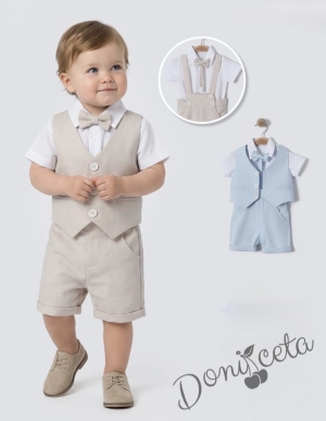 Летен комплект за момче в синьо от къси панталонки тип гащеризон, елек, папийонка и ризка в бяло с къс ръкав