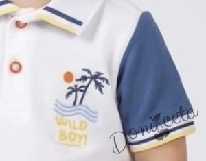 Летен комплект за момче от бяла тениска с яка с щампа с палма  и къси дънкови панталони