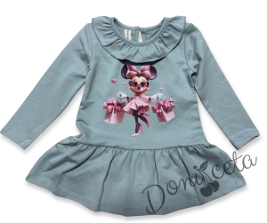 Детска рокля с дълъг ръкав с къдрички на бието в тюркоаз с любим герой