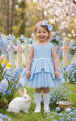Детска памучна рокля Надежда в светлосиньо с тюл