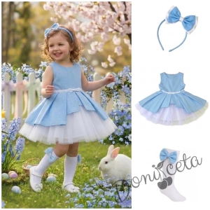 Комплект от 3 части- детска памучна рокля Надежда в светлосиньо с тюл, диадема за коса в синьо и чорапки в бяло с панделки