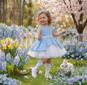 Комплект от 3 части- детска памучна рокля Надежда в светлосиньо с тюл, диадема за коса в синьо и чорапки в бяло с панделки