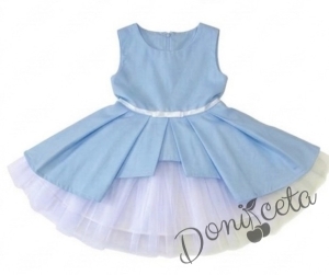 Комплект от 3 части- детска памучна рокля Надежда в светлосиньо с тюл, диадема за коса в синьо и чорапки в бяло с панделки