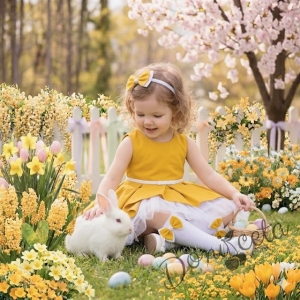 Детска памучна рокля Надежда в жълто с тюл в бяло отпред