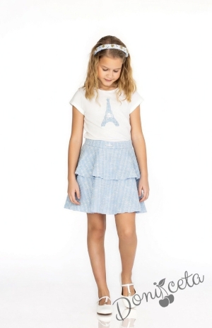 Комплект за момиче от 3 части-пола,тениска с къс ръкав и сако с дълъг ръкав в синьо