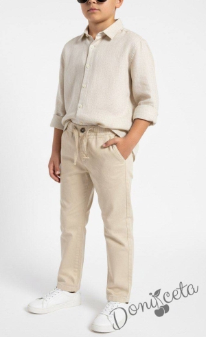 Детски спортно-елегантен панталон за момче в бежово с връзки и джобове