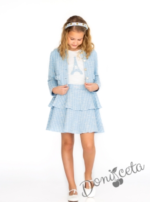 Комплект за момиче от 3 части-пола,тениска с къс ръкав и сако с дълъг ръкав в синьо