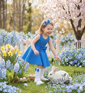 Ежедневна или официална детска рокля клош в кралско синьо на бели точки Вилина