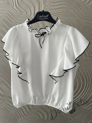 Комплект за момиче от 3 части - сако Ким, панталон с висока талия и коланче в черно и блуза без ръкав с панделка в черно