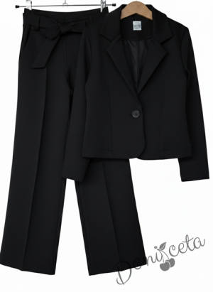 Комплект за момиче от 3 части - сако, панталон с висока талия и колан в черно и блуза без ръкав с панделка в черно