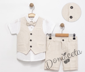 Летен официален комплект за момче от 4 части - риза в бяло с къс ръкав , къси панталони, елек и папийонка в бежово 