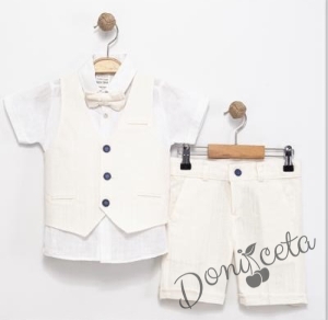 Летен официален комплект за момче от 4 части - риза в бяло с къс ръкав , къси панталони, елек и папийонка в бежово 