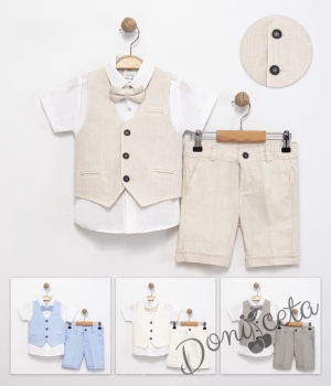 Летен официален комплект за момче от 4 части - риза в бяло с къс ръкав , къси панталони, елек и папийонка в бежово 