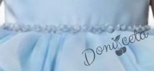 Официална детска рокля Бела къс ръкав и богат тюл в светлосиньо с диадема