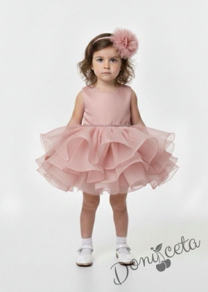 Официална детска рокля Бела къс ръкав и богат тюл в пепел от рози с диадема