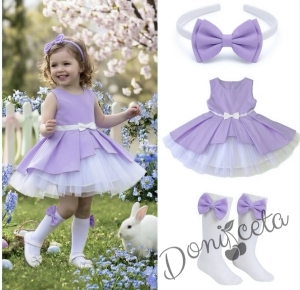 Комплект от 3 части- детска памучна рокля Надежда в лилаво с тюл, диадема за коса в синьо и чорапки в бяло с панделки