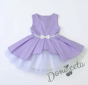 Комплект от 3 части- детска памучна рокля Надежда в лилаво с тюл, диадема за коса в синьо и чорапки в бяло с панделки